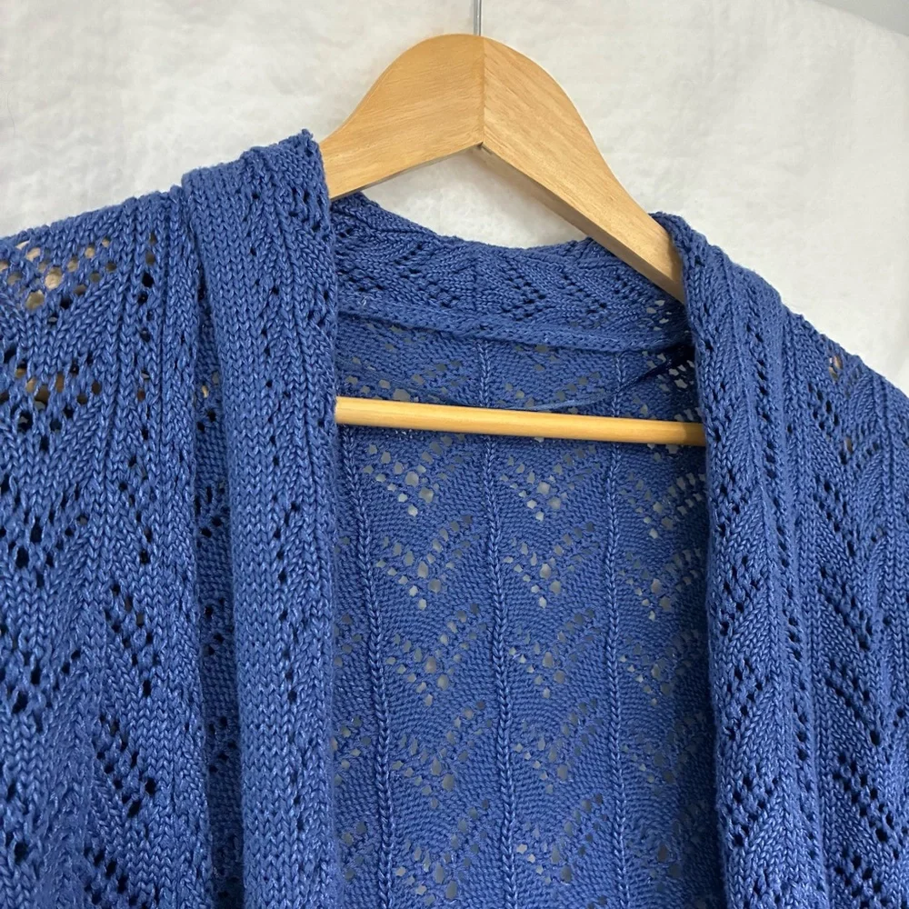 Blue Pointelle Knit Bolero Cardigan Open Front Lace Shrug Boho Cottagecore - Picture 3 of 5